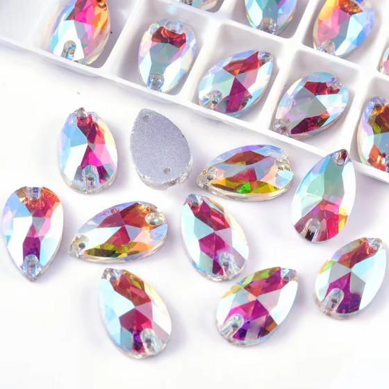 Factory Hot Sale 3A Teardrop Shape AB Color Fluorescent Glow Gems Glass Sew on Rhinestones for Performance Costumes